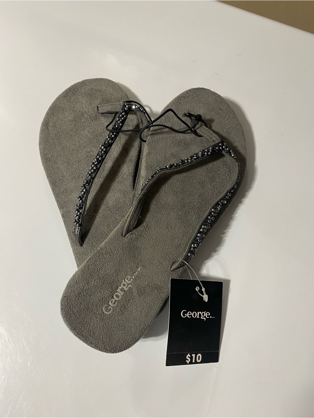 George Grey Suede Flip Flops with beaded Sparkling Straps